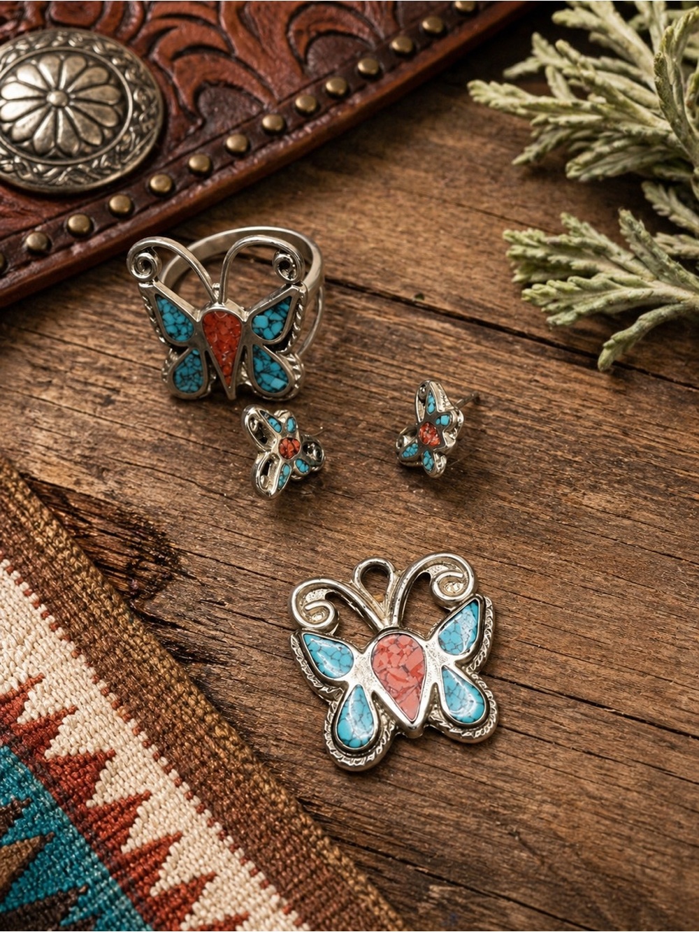 Butterfly Pendant, Ring & Stud Earrings Set - Blue & Coral